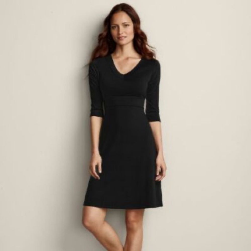 eddie bauer black midi v neck cross over dress 3/4 sleeves